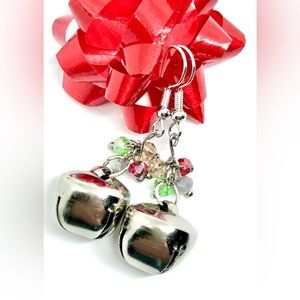 Christmas Silver Jingle Bell with Red Green Multicolor Crystal Dangle Earrings